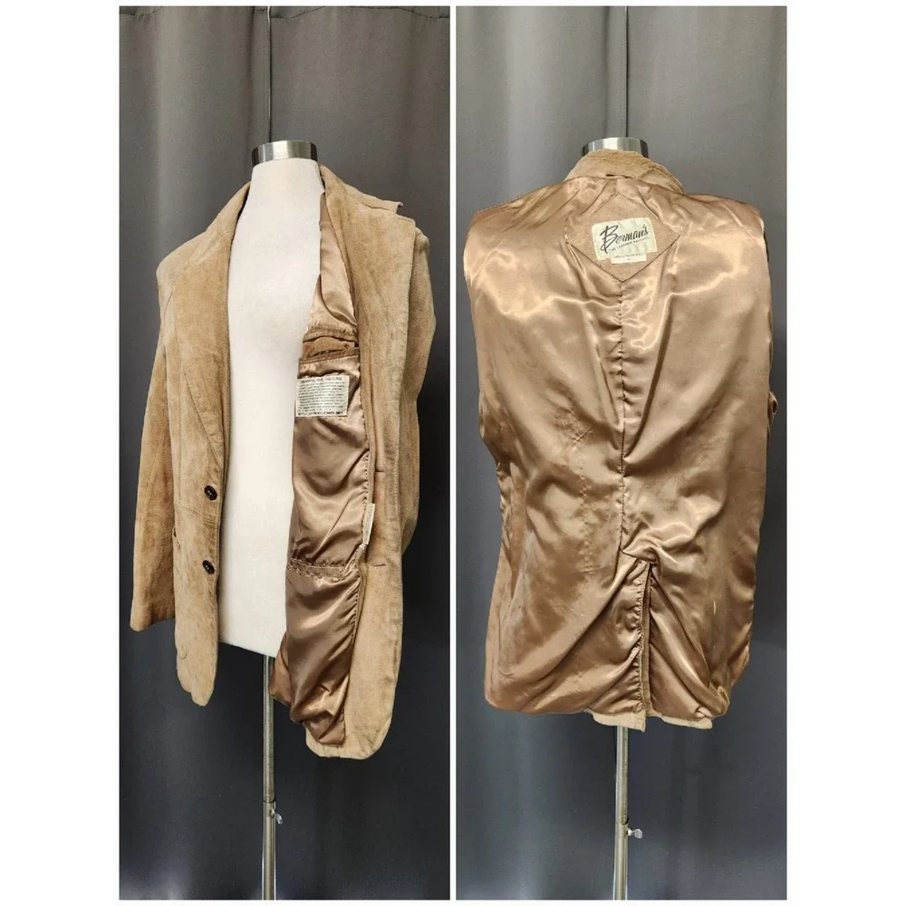 Vintage 90s Berman's Grunge Leather Blazer Tan Suede 2-Button Sport Coat Size 46